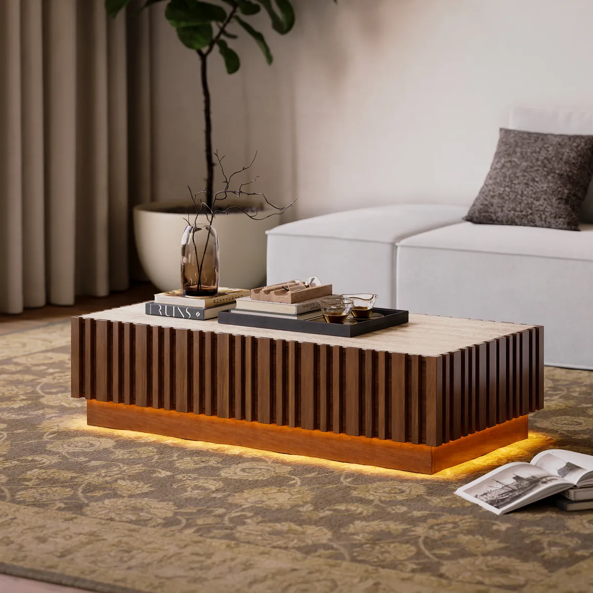 Aura TV Stand Set of Ash Wood Slatted TV Stand & Coffee Table with Sintered Stone Top — image 8