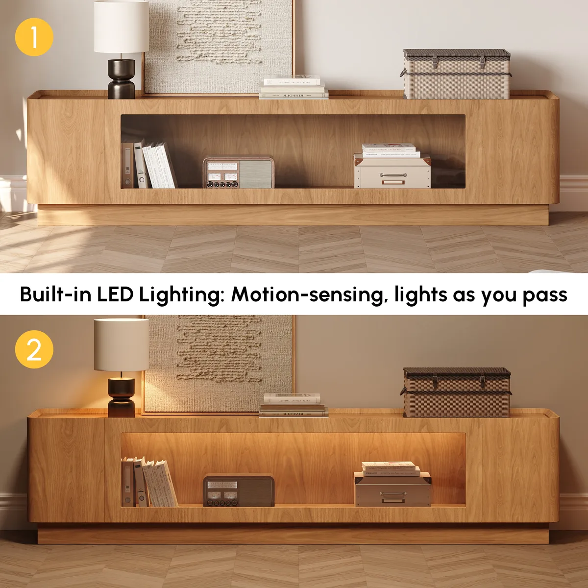 79'' Glass Door TV Stand Mid Century Modern Wood Media Console with Storage & LED — image 20
