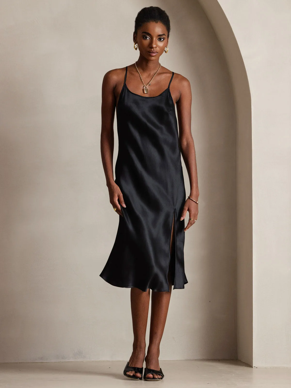 Elegant 100% Mulberry Silk Cross Backless Midi Dress with Side Slit — image 5