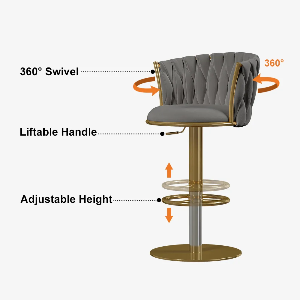 Sweave Set of 2 Gray Swivel Bar Stools Velvet Curved Back Adjustable Height — image 27