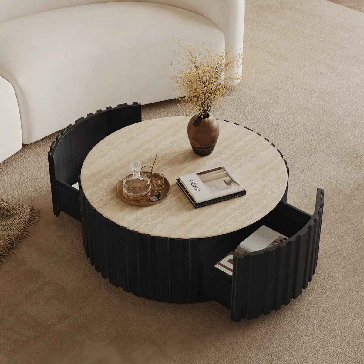 Aura 35" Ash Wood Slatted Round Coffee Table with Sintered Stone Top — image 4