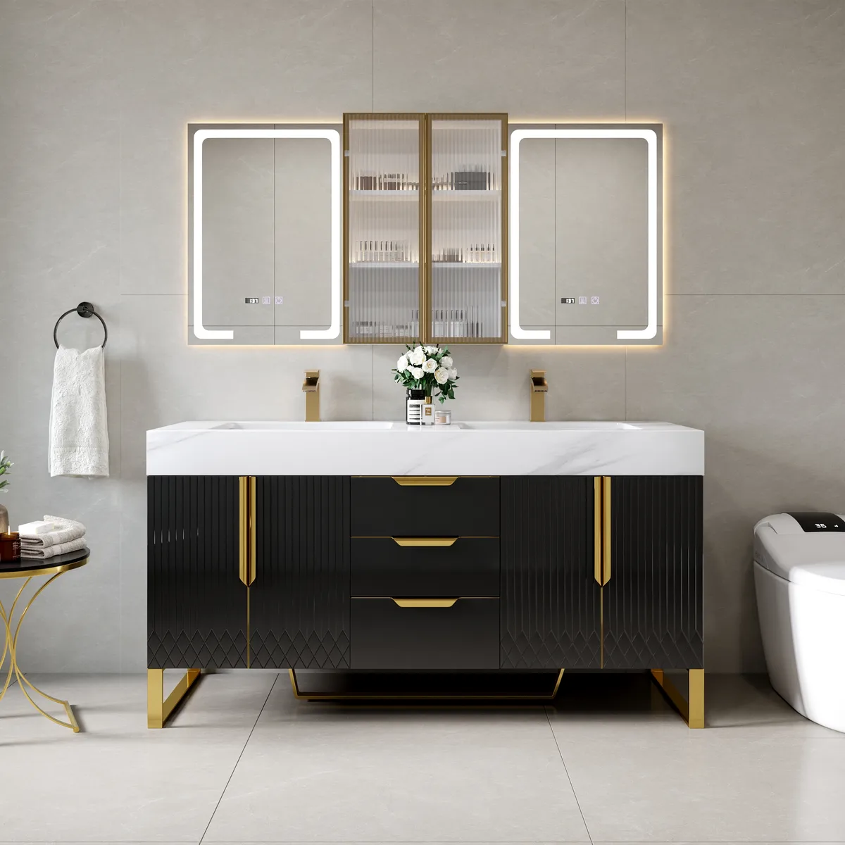 59" Double Sink Floating Vanity Set with LED Medicine Cabinet with Storage — image 18