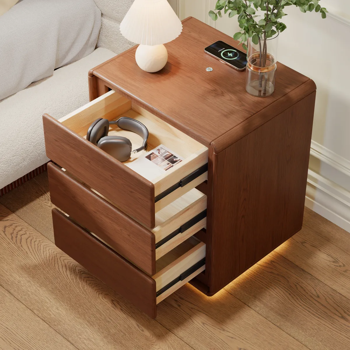 Haloa Walnut 3-Drawer LED Nightstand with Charging Station — image 19