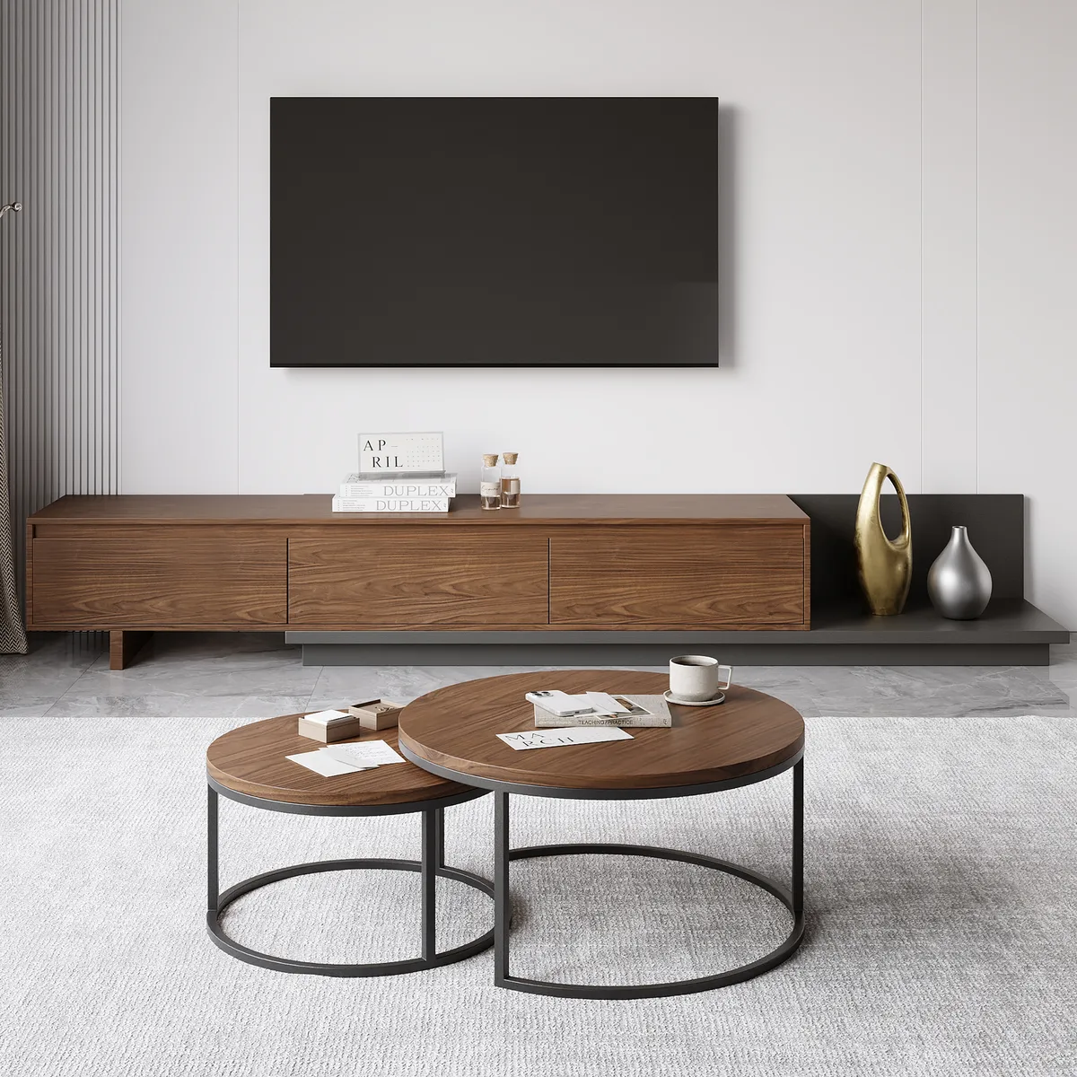 Living Room Cabinet Set Rectangle Gray Extendable TV Stand & Wood Round Nesting Coffee Table — image 21