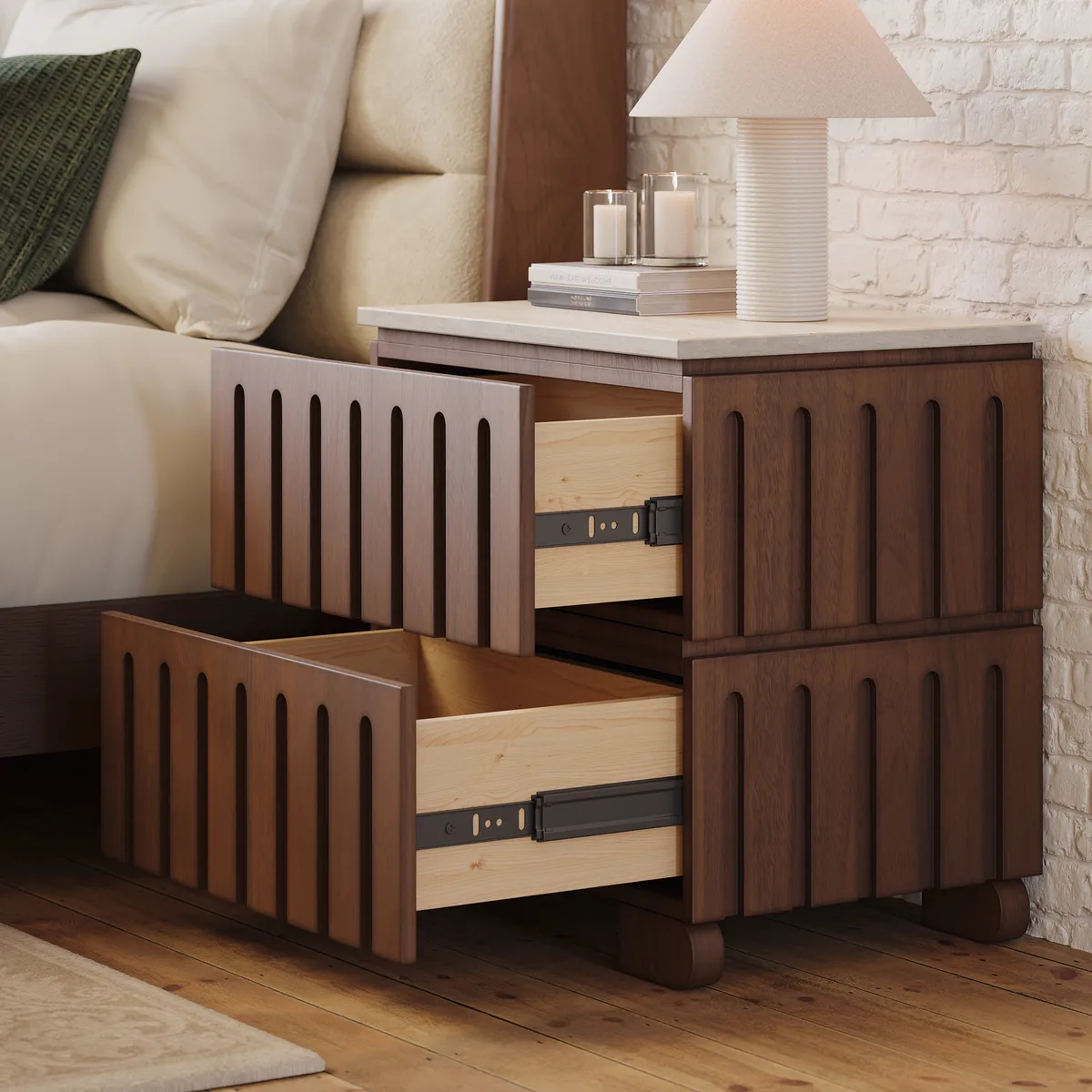 Modern Ash Wood 2-Drawer Nightstand with Faux Travertine Top — image 6