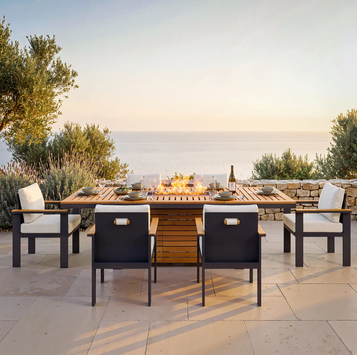 Tevara 7 Pieces Outdoor Dining Set with Propane Fire Pit Table & Aluminum Armchair — image 3