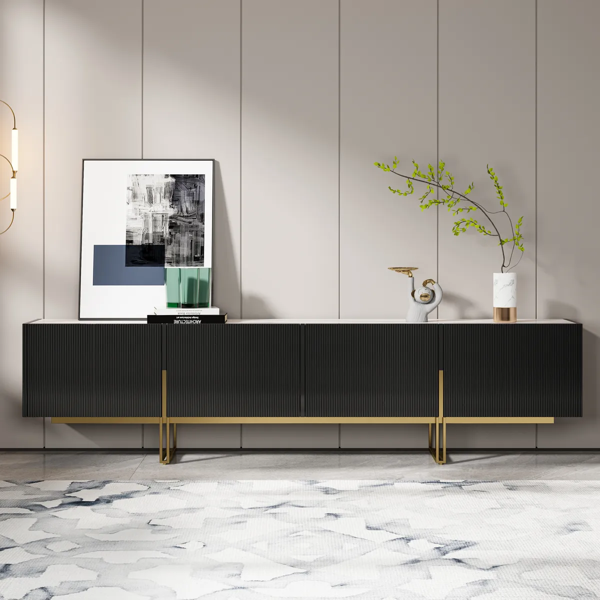 94.5" Living Room Cabinet Set Black TV Stand & Round Glass Nesting Coffee Table with Storage — image 24