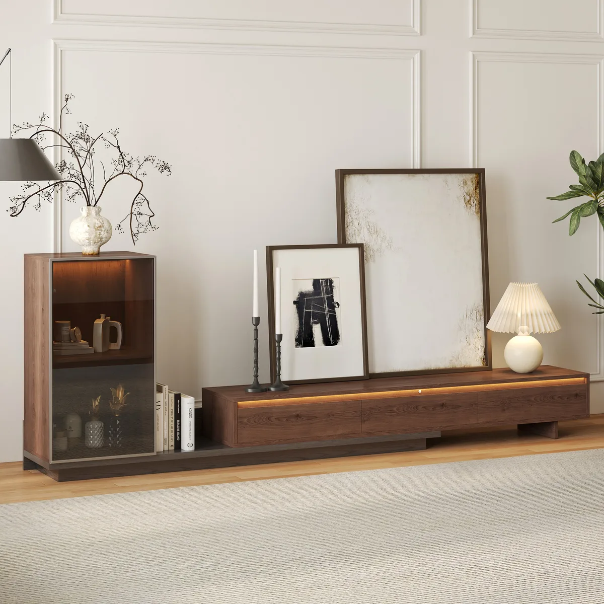 Fero Retracted & Extendable 3 Drawers TV Stand with Bookcase & LED Lighting in Walnut & Gray Up