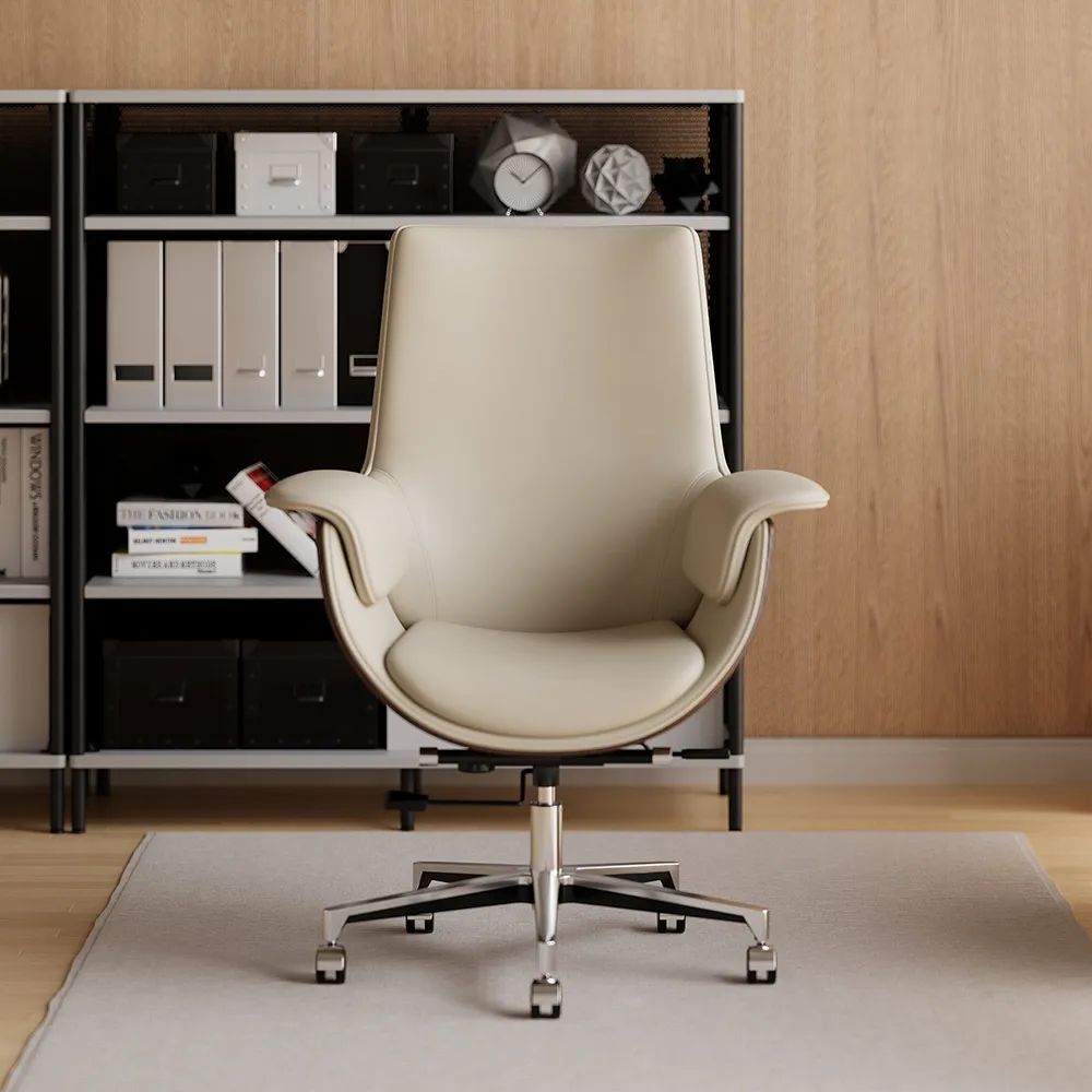 Black Leather Modern Home Office Chair Upholstered High Back Desk Chair Wood Grain Frame — image 22