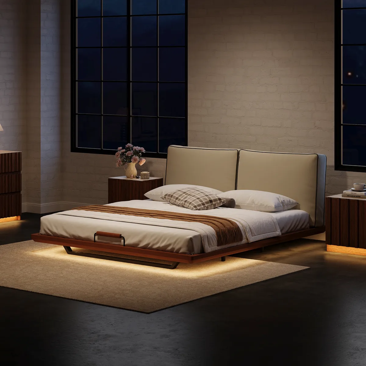 Japanese Style Solid Wood King Floating Bed with Headboard & Light
