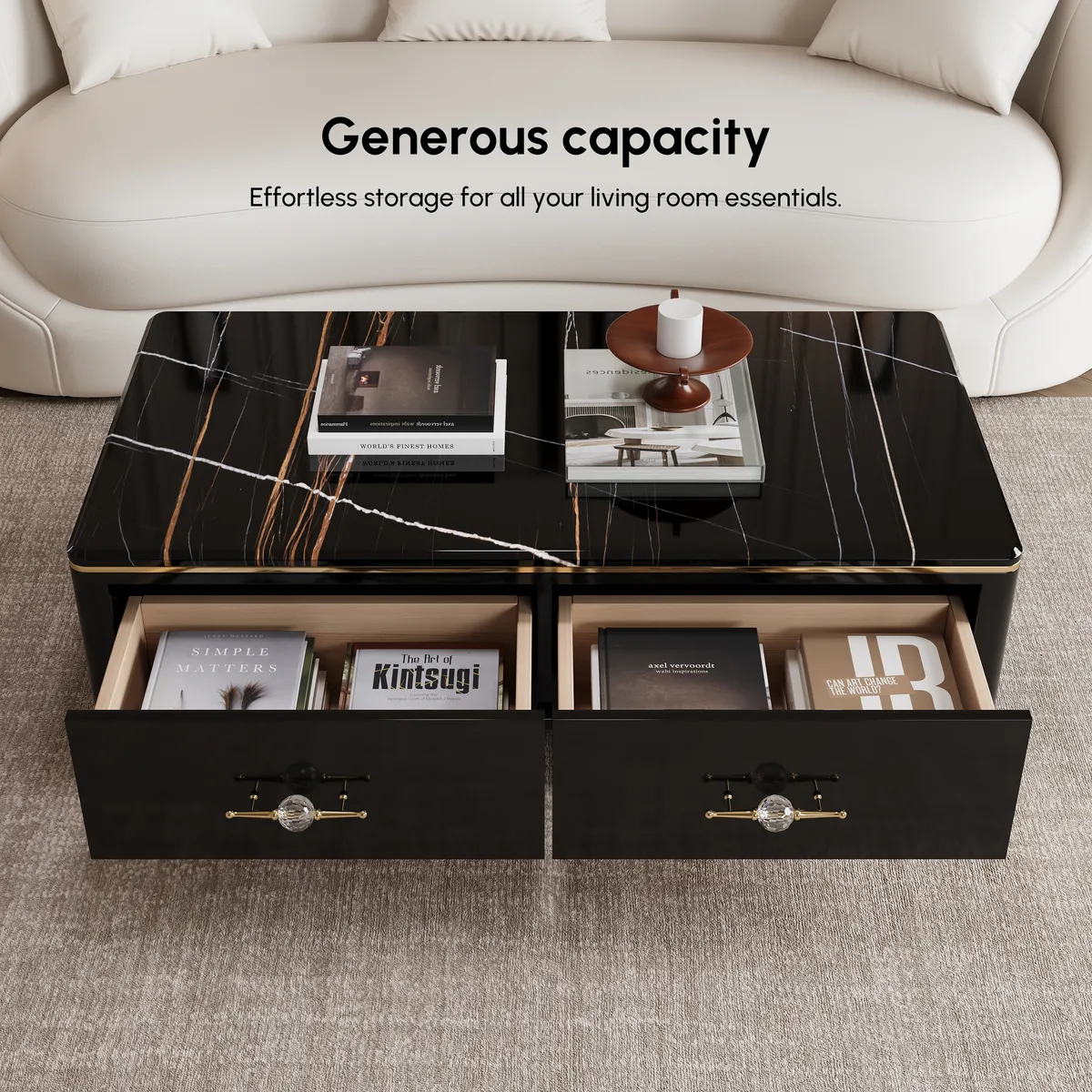 Chift 51.2" Modern Marble Coffee Table & Storage Drawers Gold Stainless Steel Legs — image 15