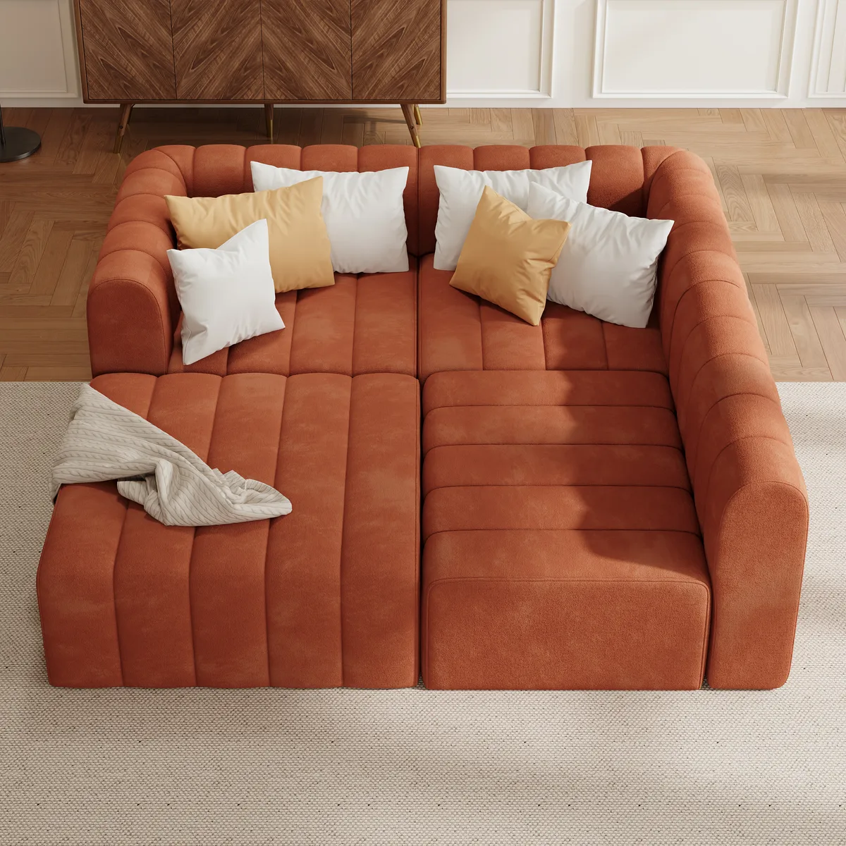 118.9" Velvet Convertible Modular Sectional Sofa Orange Upholstered 6-Seater Sofa Set — image 5