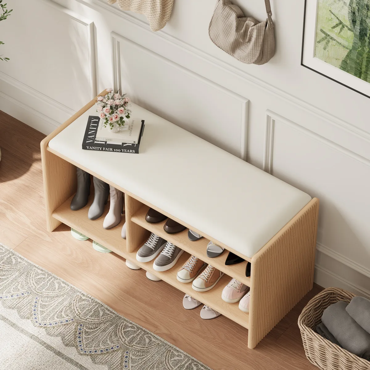 Modern Leather Upholstered Entryway Bench Shoe Storage — image 13