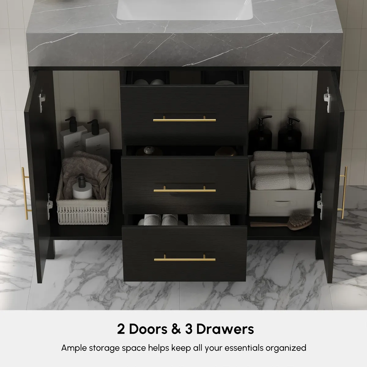 39" Walnut Freestanding Bathroom Vanity Sintered Stone Top & Silver Handles — image 26