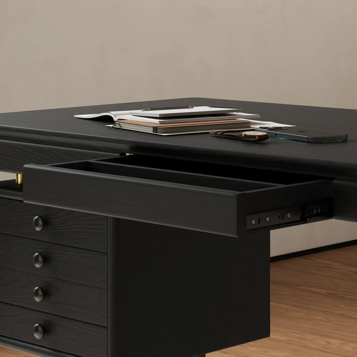 Mid-Century Style 55.1" Whitewash Ash Wood Home Office Desk with 3 Storage Drawers and Metal Accents — image 19
