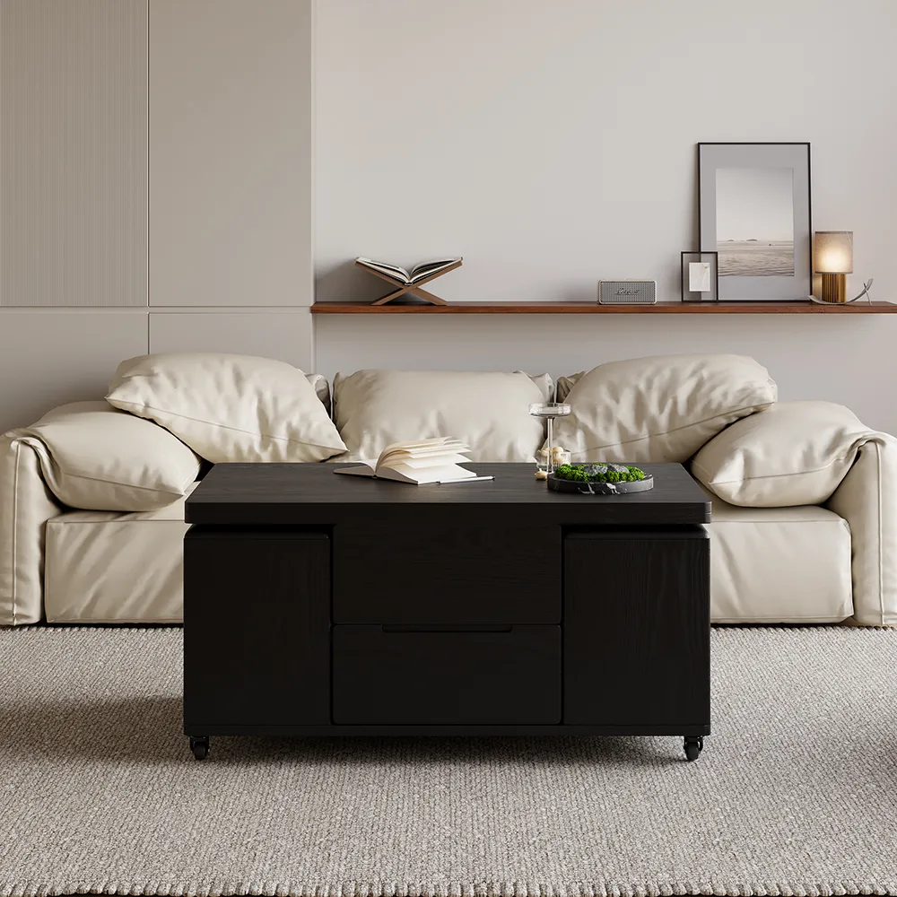 Modern Walnut Lift Top Coffee Table 4 in 1 with Storage Ottoman Foldable and Casters — image 2