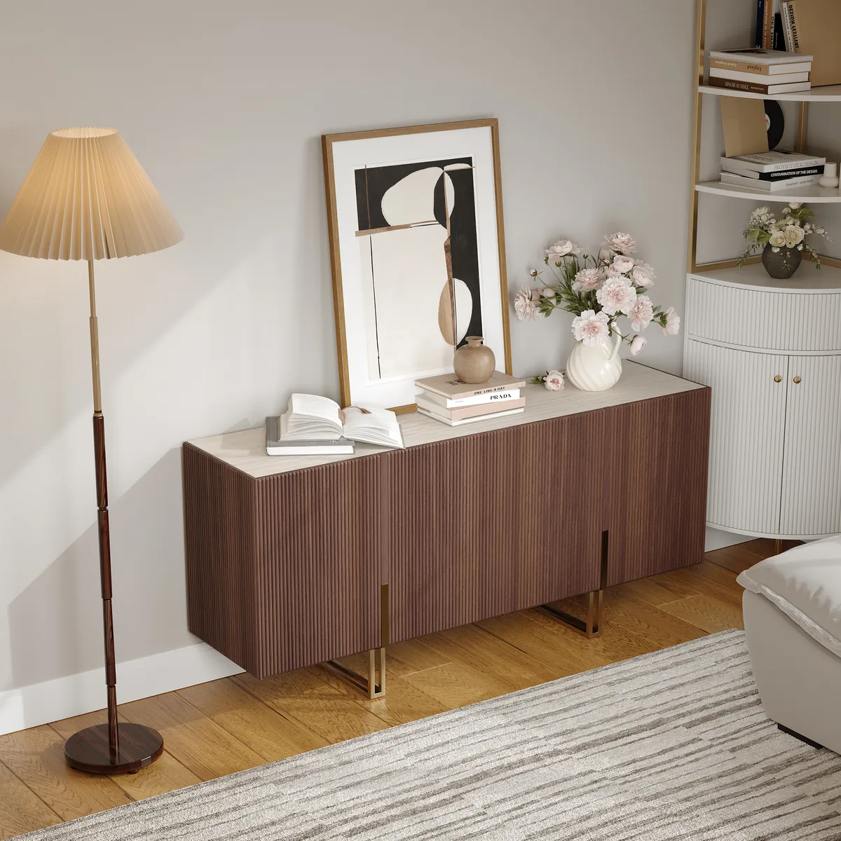 Grovyn 63" Buffet Sideboard Sintered Stone Top Black Fluted with Adjustable Shelves — image 26
