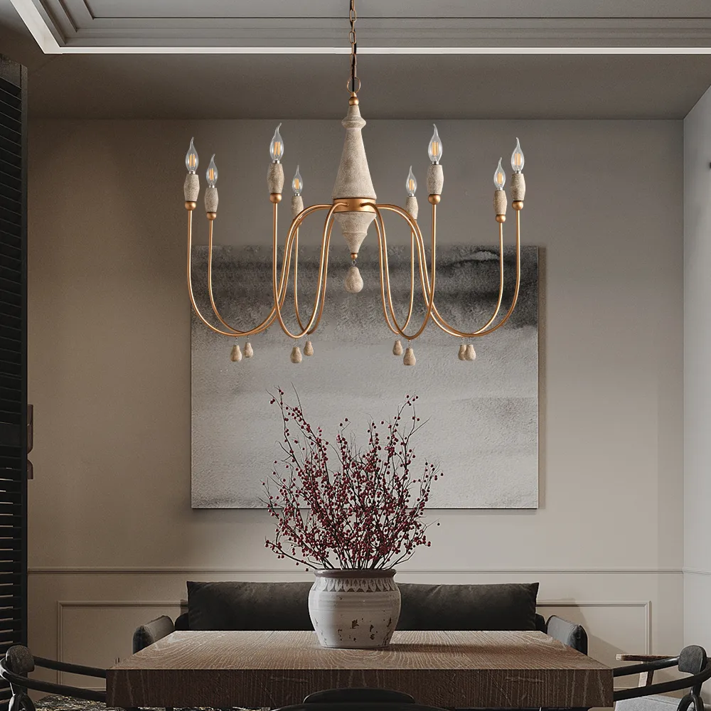 Mid-Century 8-Light Candle-Style Chandelier with Gold Ovated Wood Farmhouse Modern Pendant Light — image 9