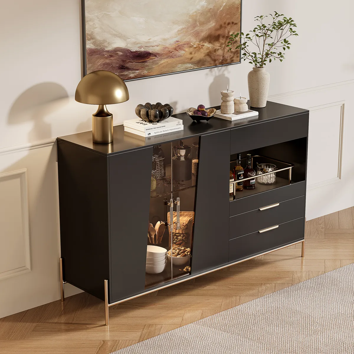 Dolawn Modern 55.1" Black Sideboard Buffet Tempered Glass Doors & Shelf Tray Wine Rack — image 3