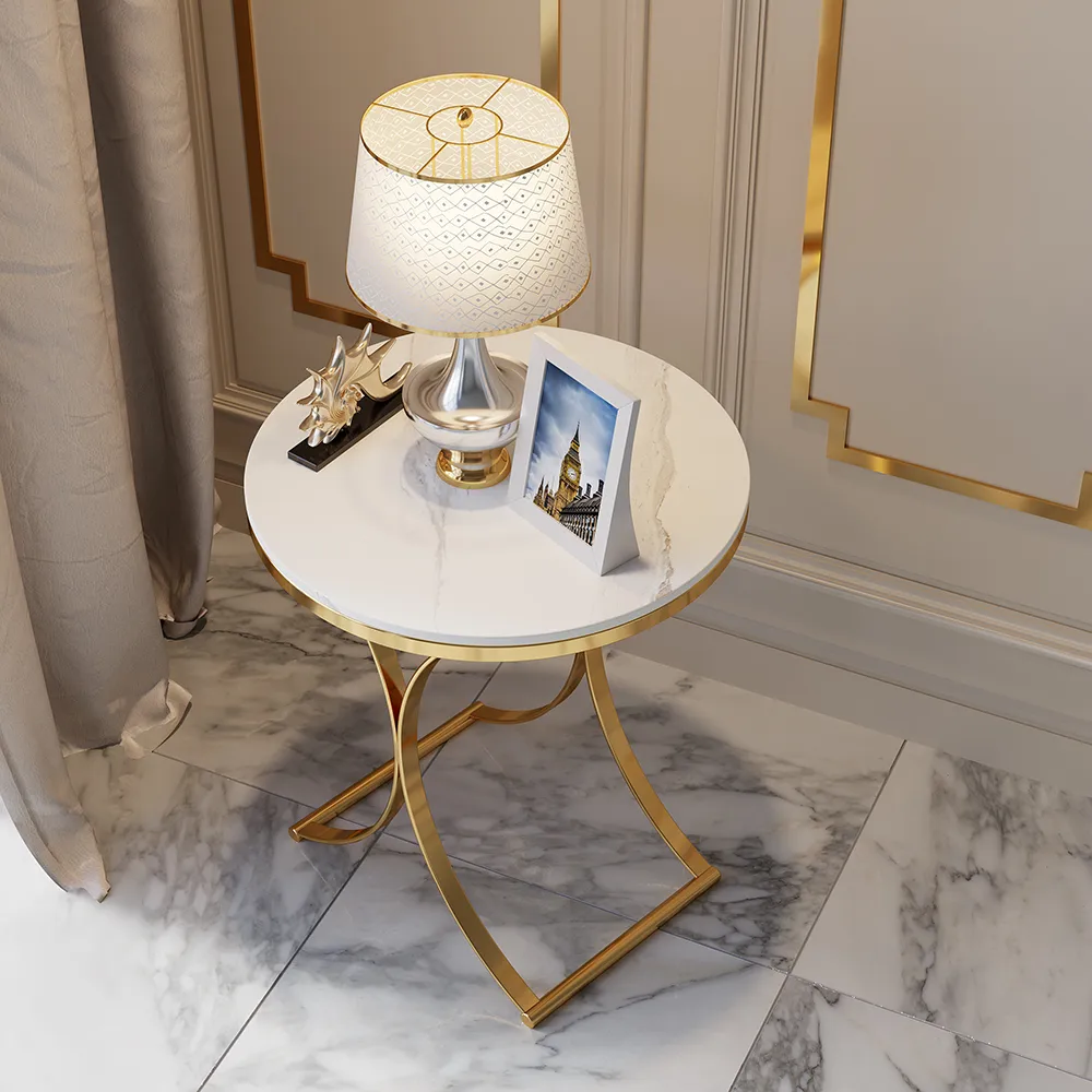 Modern Luxurious Round White Marble Stone Side Table X-Base End Table — image 2