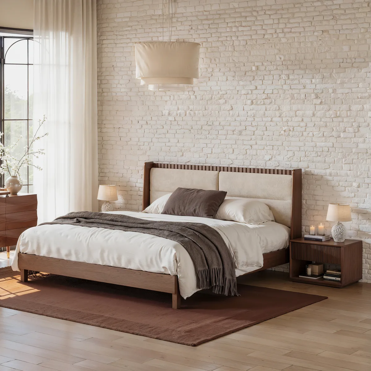 Modern Black Queen Size Solid Wood Bed with Boucle Headboard Pillows
