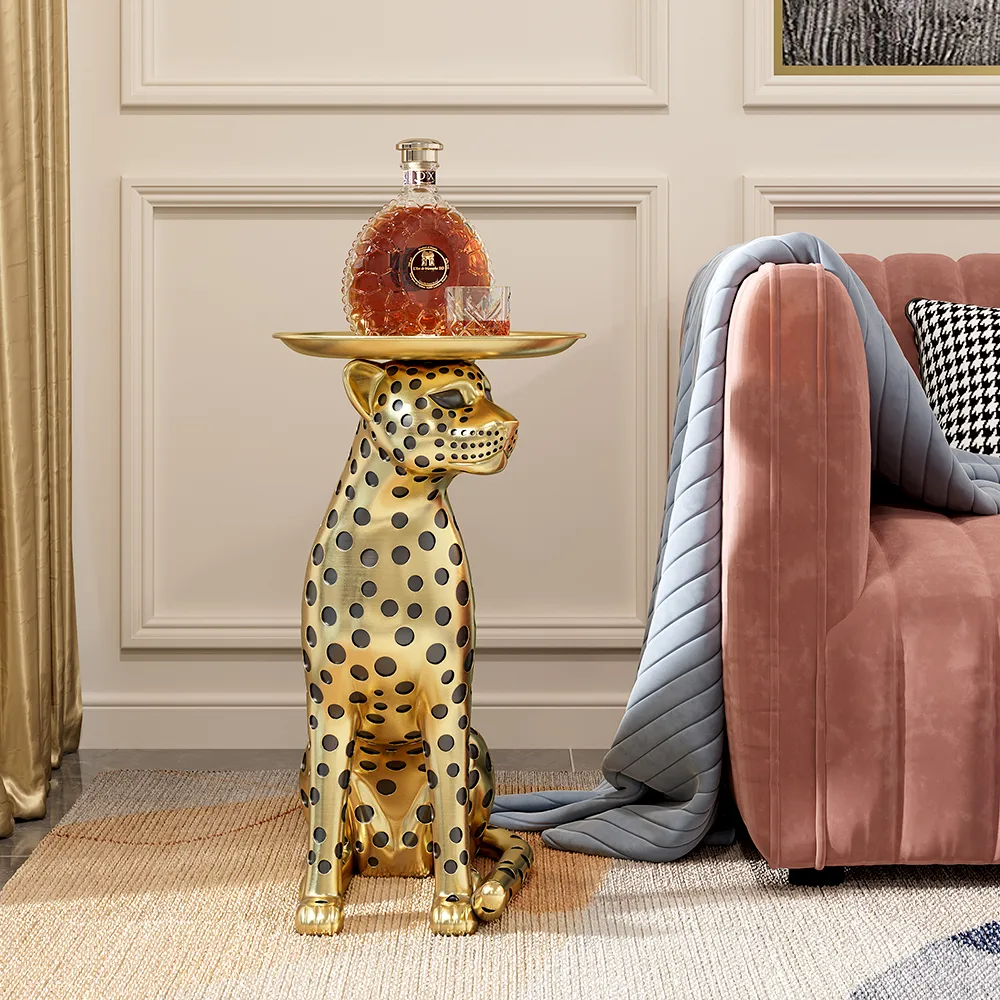 Resin Panther side Table Decorative Cocktail Luxury Gold Leopard Accent Table with Tray — image 2