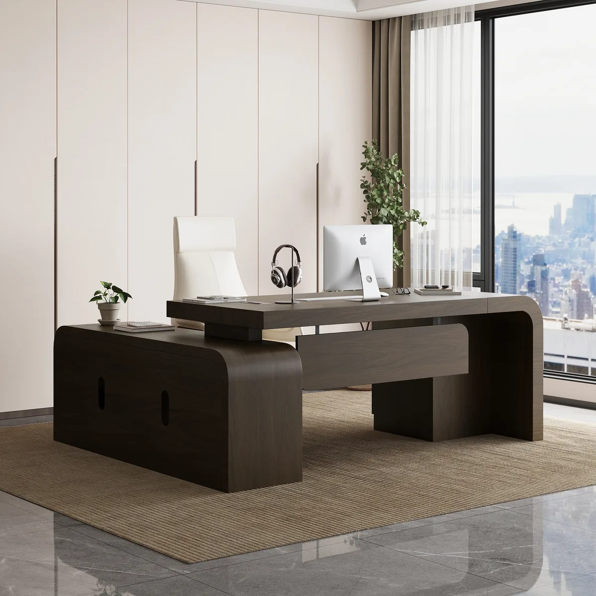 Chicent 71'' L-shaped Smoked Brown Computer Desk with Cabinet Left Hand — image 12