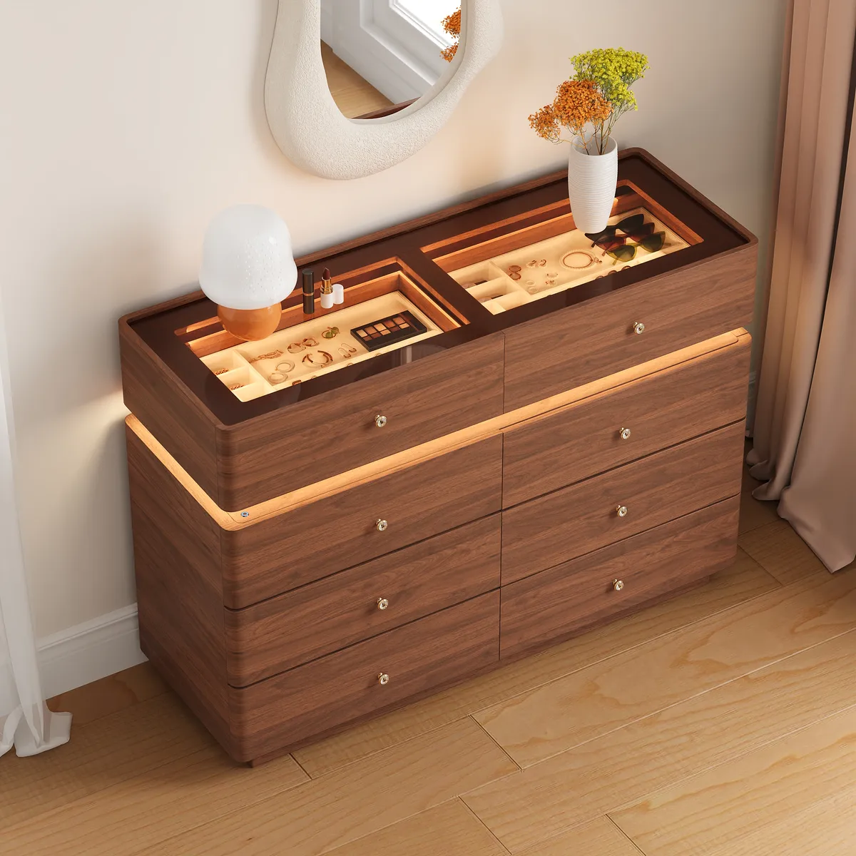 47" Glass Top Walk-in Closet Island 8-Drawer Dresser with Light — image 11