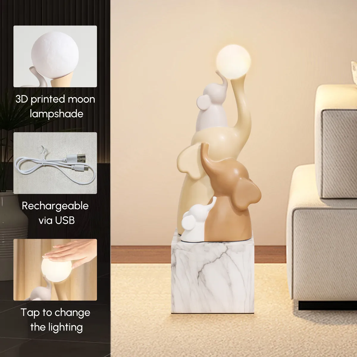 30" Elephant Sculpture with Rechargeable LED Ball – Resin Elephant Decor with Remote — image 5