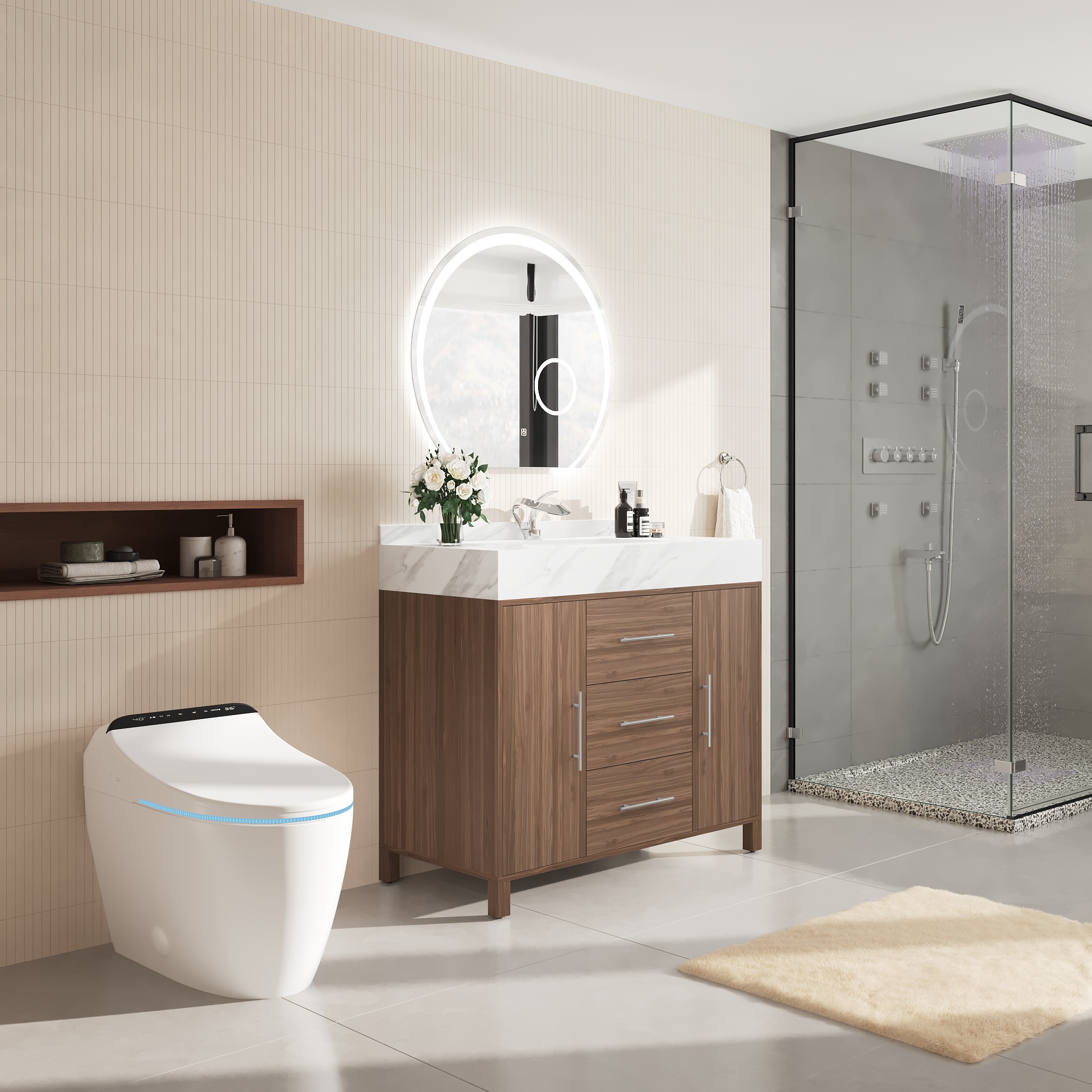 39" Walnut Freestanding Bathroom Vanity Sintered Stone Top & Silver Handles — image 14