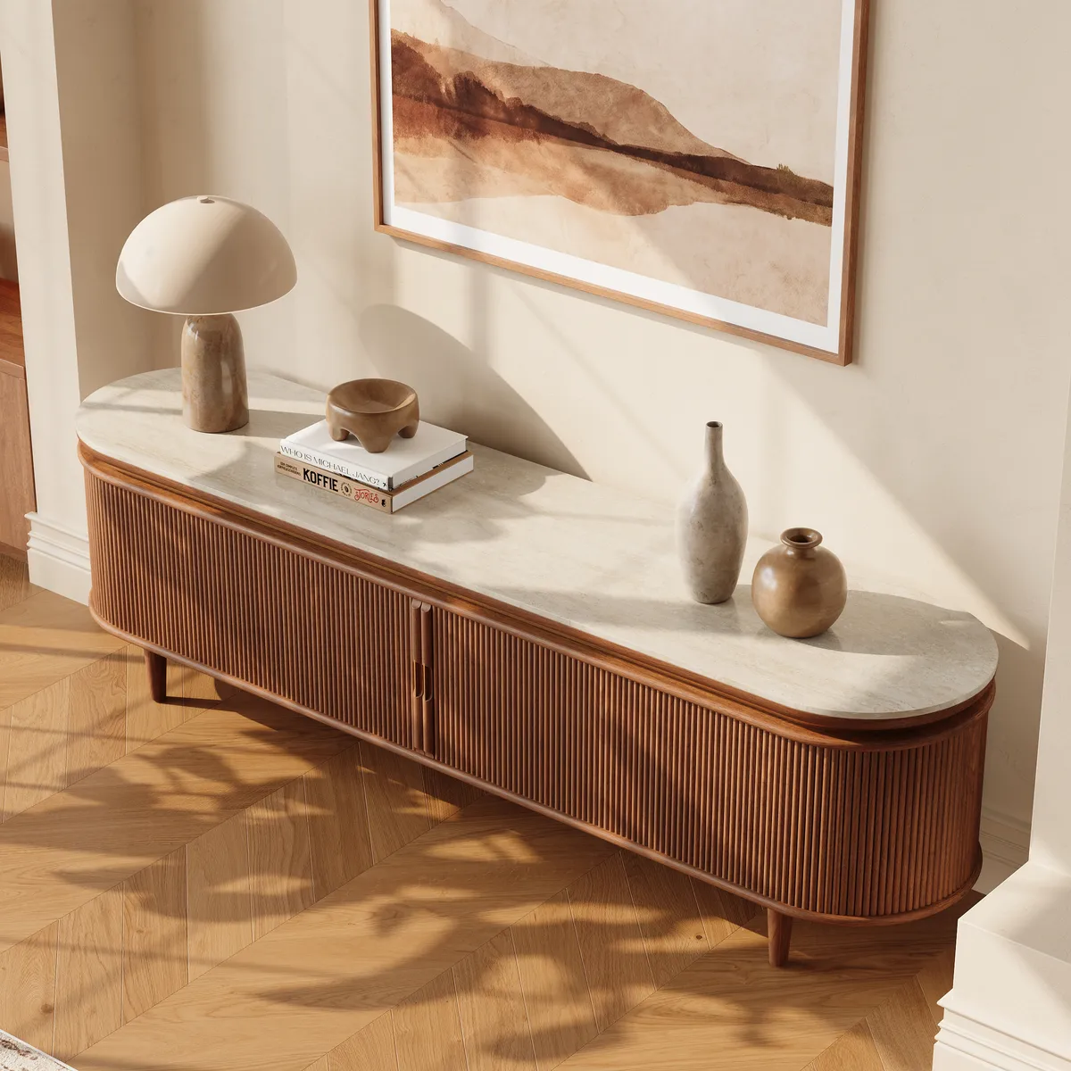 79" Ash Wood Walnut Fluted TV Stand with Sintered Stone Top — image 3