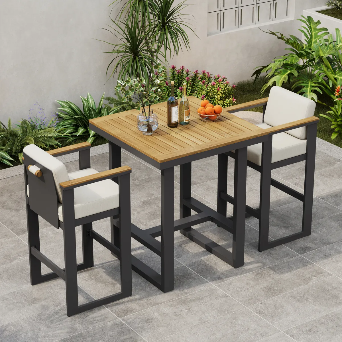 Tevara Outdoor Teak Wood Slat Top & Sand Aluminum Frame Bar Table for Patio — image 2