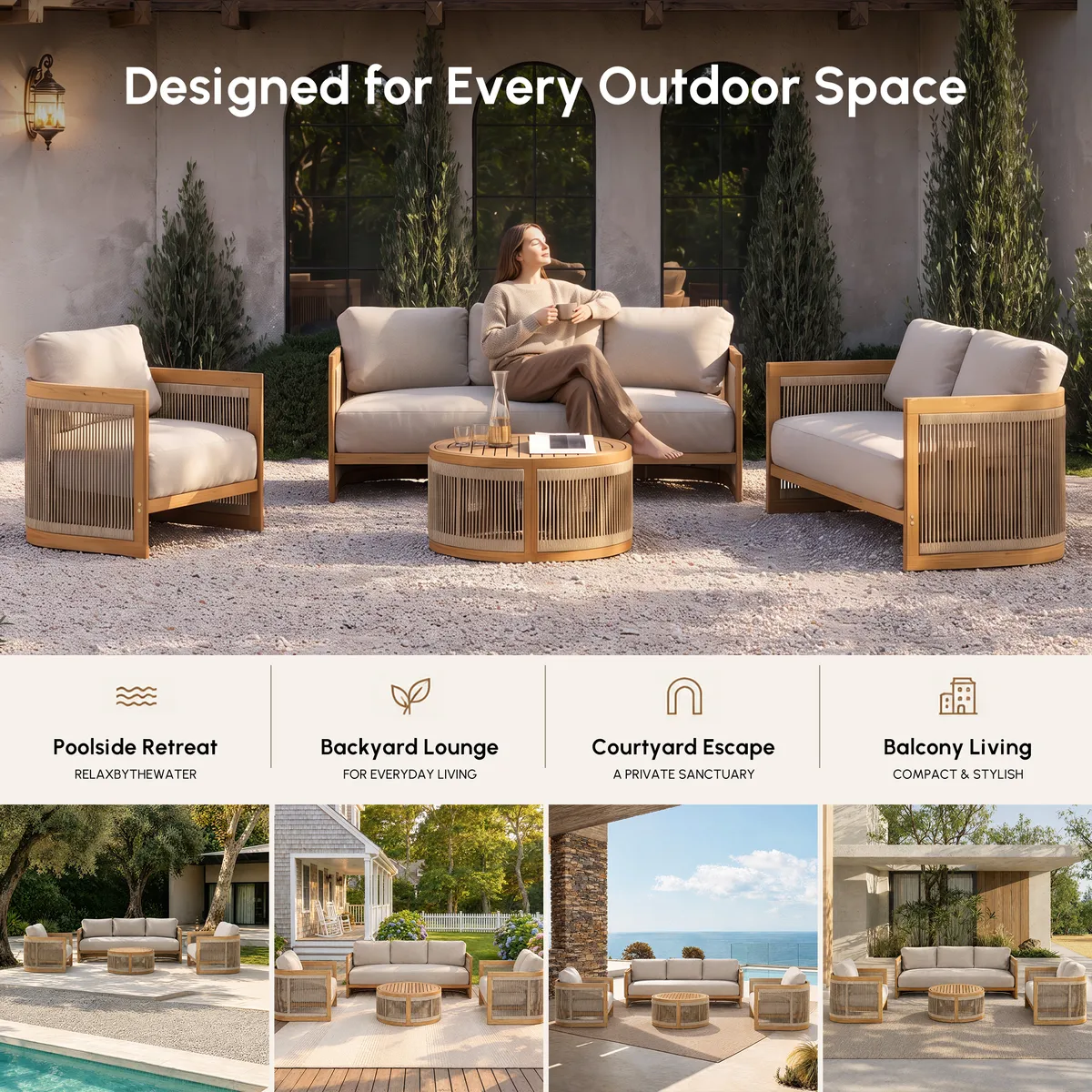 4-Piece Outdoor Teak & Rope Weave Sofa Set with Coffee Table — image 16