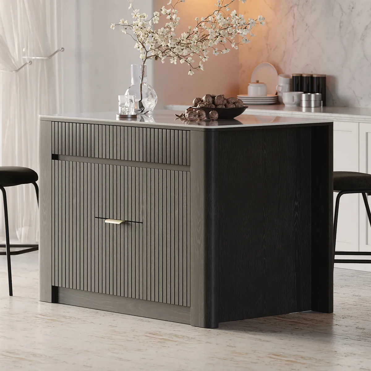 72" Sintered Stone Top Solid Wood Kitchen Island with Storage — image 2