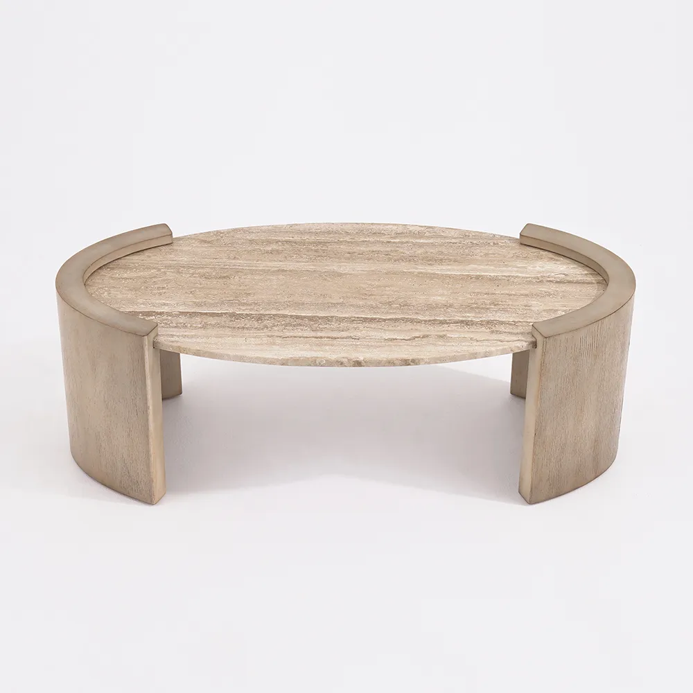 43" Japandi Oval Travertine Stone Top Coffee Table — image 9