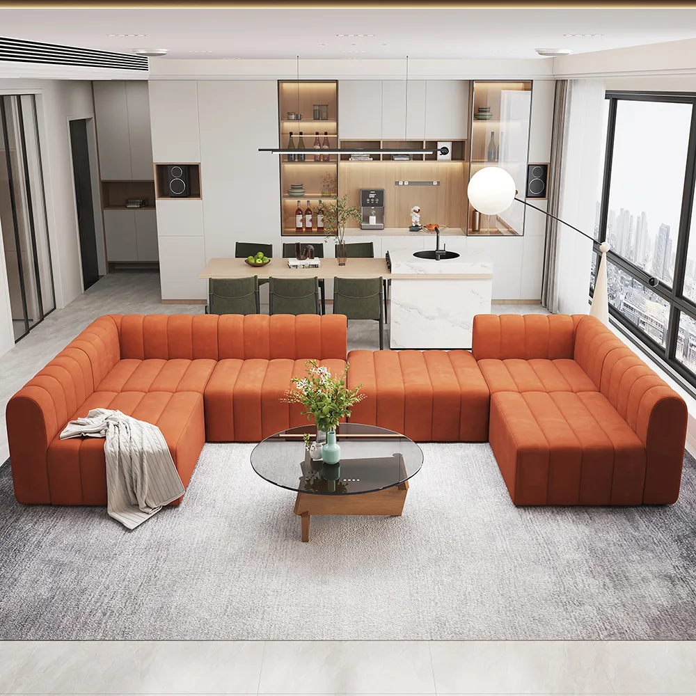 118.9" Velvet Convertible Modular Sectional Sofa Orange Upholstered 6-Seater Sofa Set — image 14