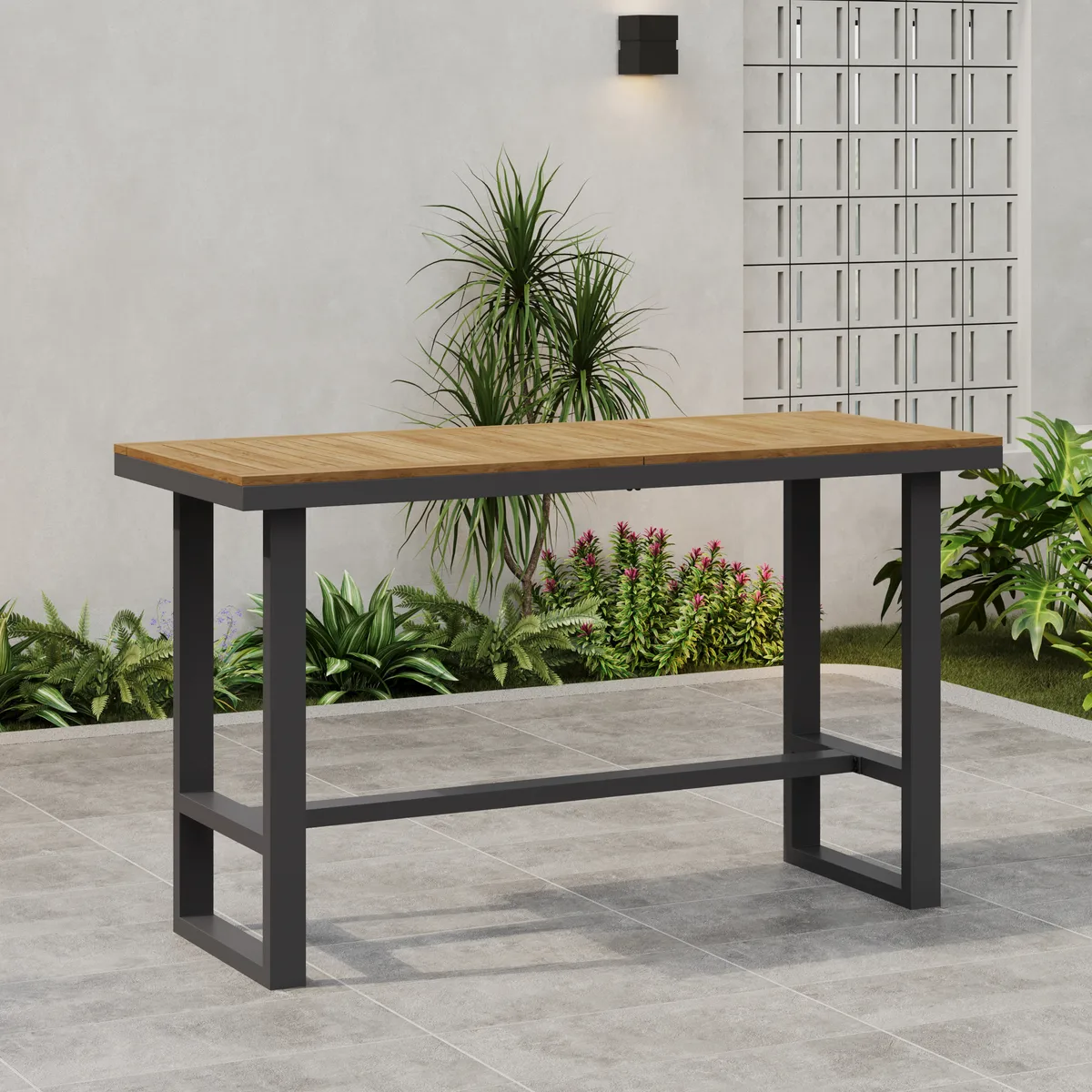 Tevara Outdoor Teak Wood Slat Top & Sand Aluminum Frame Bar Table for Patio — image 24