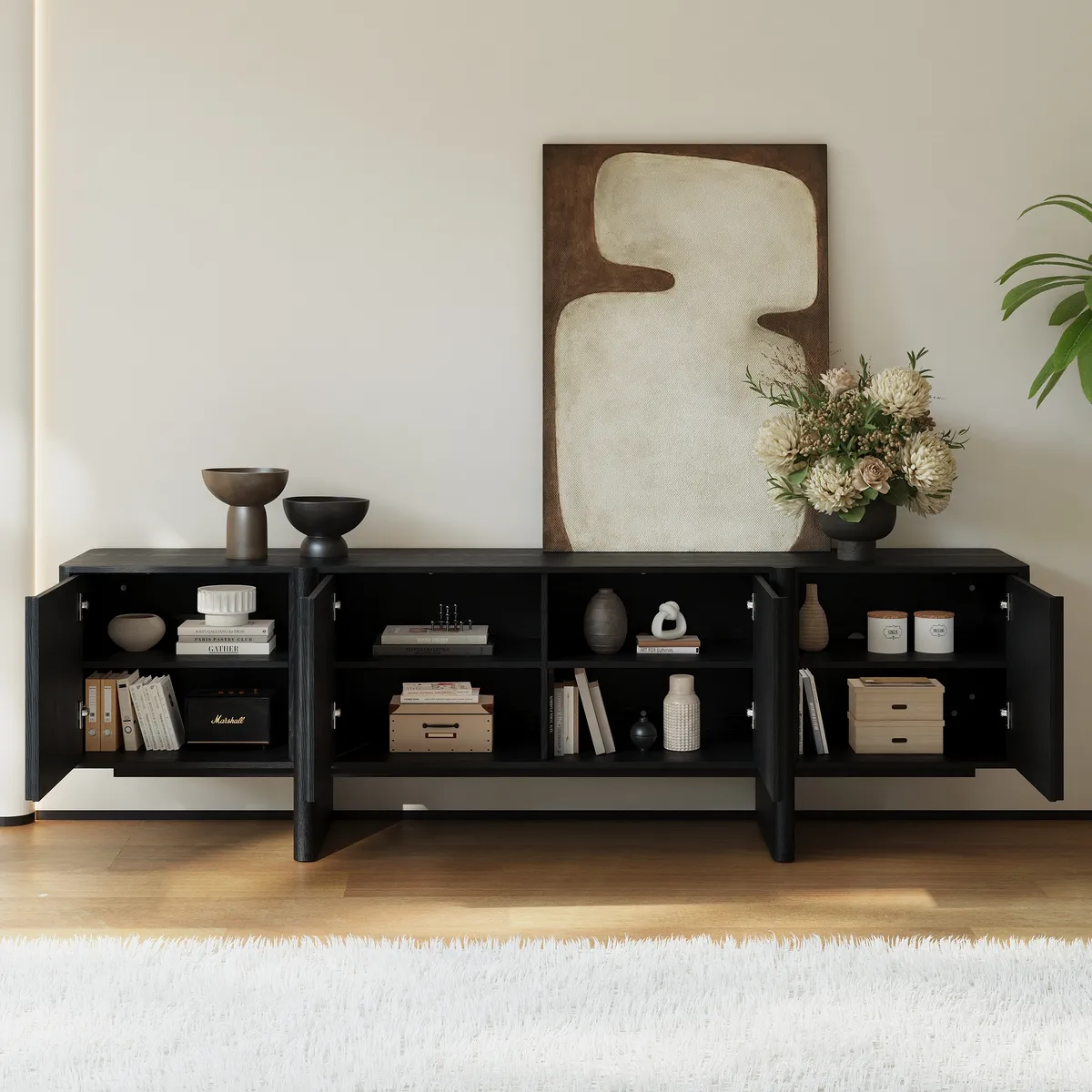 80" Solid Wood Fluted Black TV Stand with Cabinets — image 5