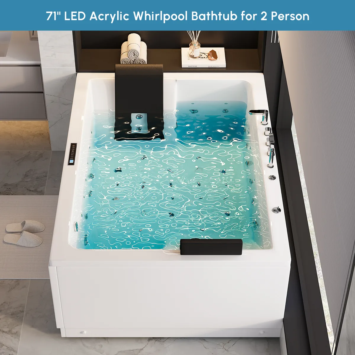 71" Double Acrylic Whirlpool Bathtub Jetted with Temperature Control & LED Whirlpool Heated Corner Tub — image 3