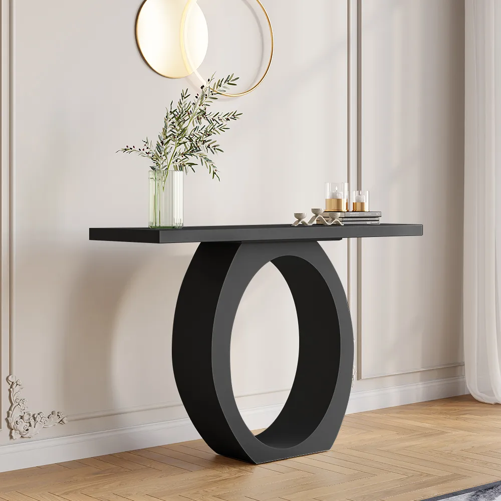39.4" Modern Black Console Table with Circle Base Rectangular Entryway Table