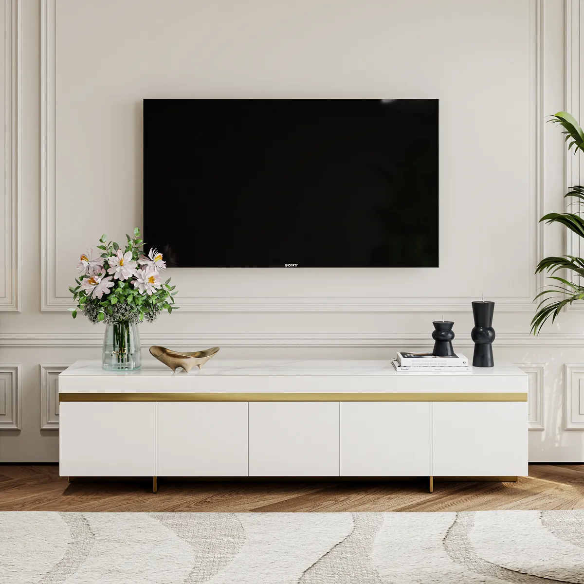 86" White Sintered Stone Top TV Stand with 4 Drawers — image 2