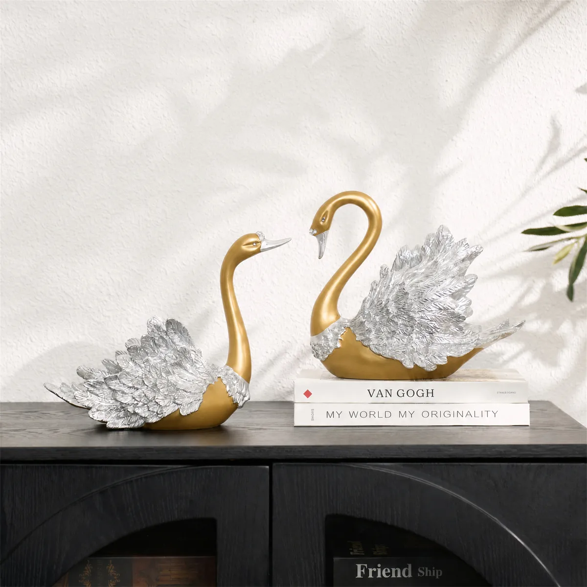 2-Piece Resin Swan Figurines, Black & Gold Decorative Storage Set — image 11