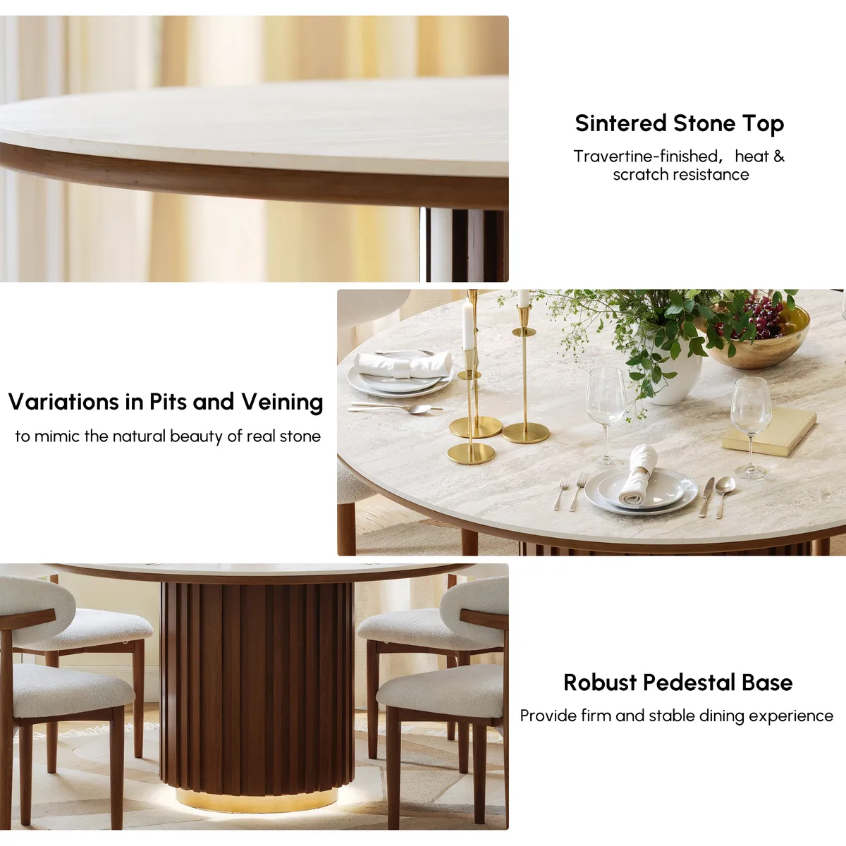 Dining Set 47" Round Faux Travertine Sintered Stone Dining Table with 4 Chairs — image 5