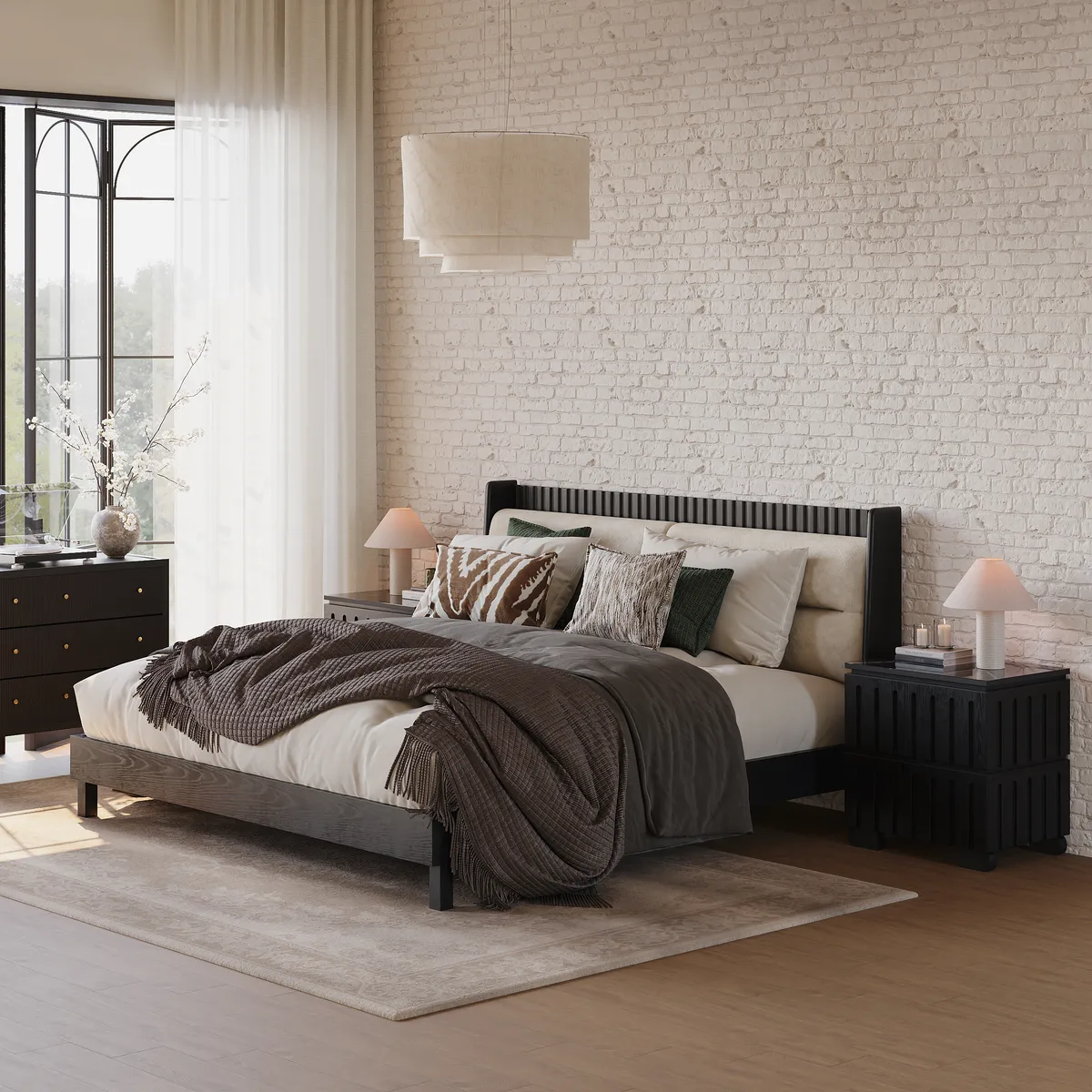 Modern Black Queen Size Solid Wood Bed with Boucle Headboard Pillows — image 4