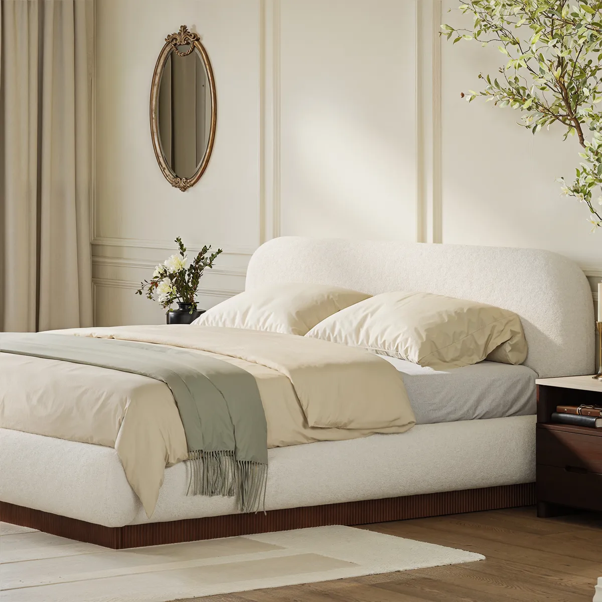 Modern Boucle Upholstered Bed with Charging Station & Fluted Base — image 4