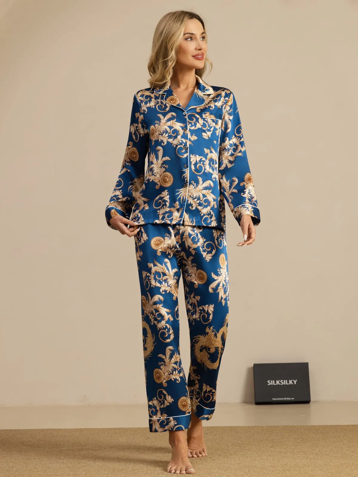 100% Mulberry Silk Dragon Print Long Sleeve Notch Collar Women's Pajamas Set With Pants — image 4