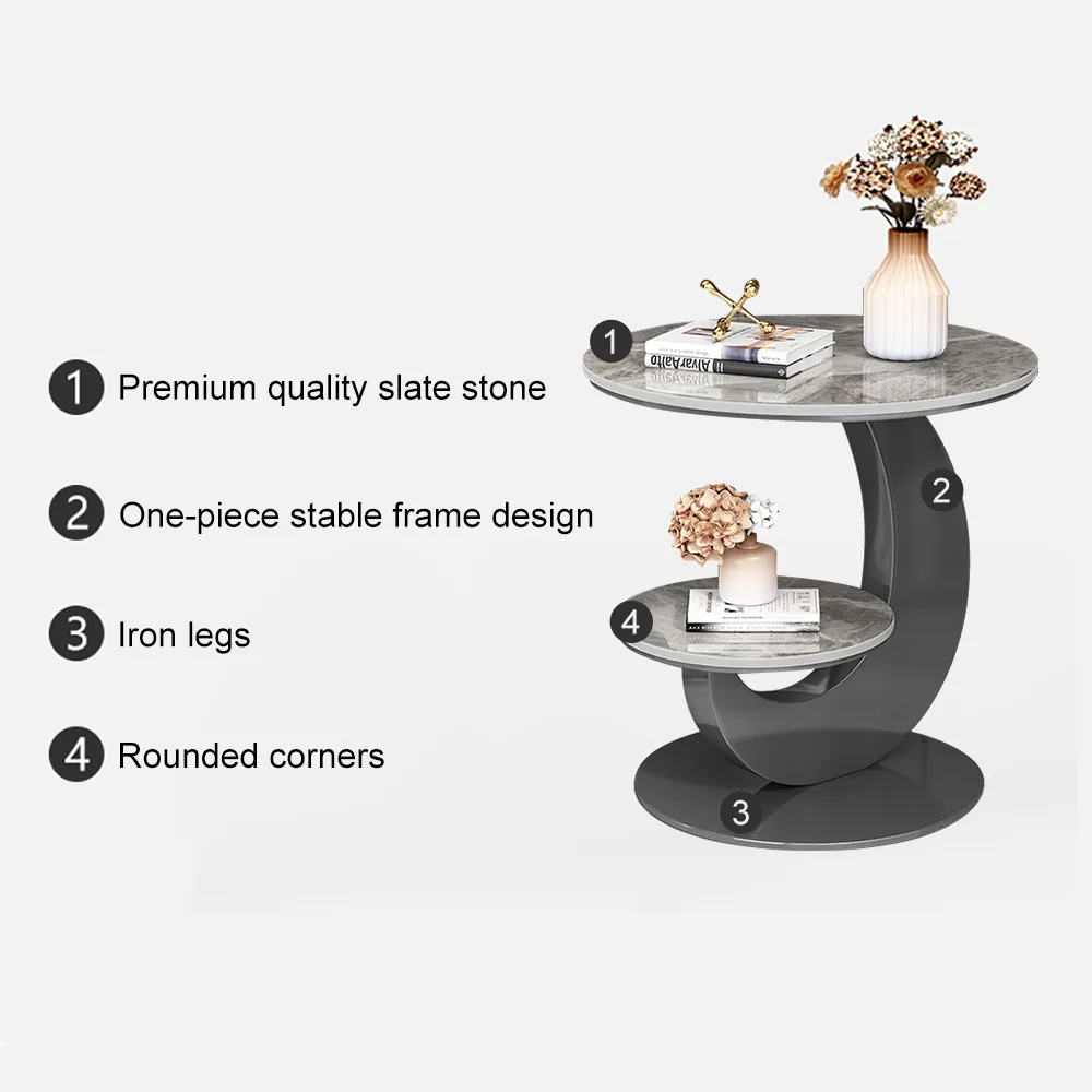 Round Faux Marble 2 Tier End Table Modern White & Gold Side Table — image 29