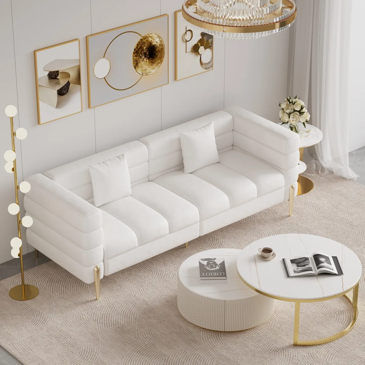 Round 2-Piece Nesting Set Sintered Stone Top Beige Coffee Table with Drawer 78.7" Modern White Boucle Upholstered Fluted 3-Seater Sofa — image 26