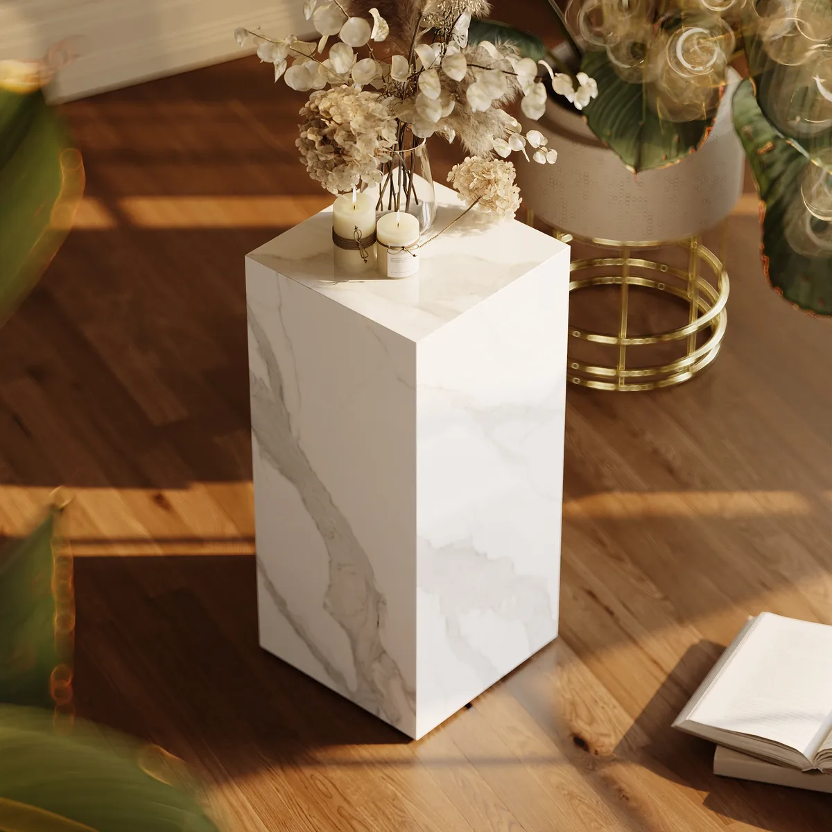 White Sintered?Stone Plinth Pedestal Plant Stand & Side Table — image 2