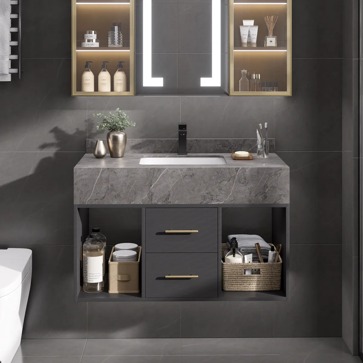 35.4" Floating Bathroom Vanity with Cultured Marble Vessel Sink with 2 Drawers — image 3